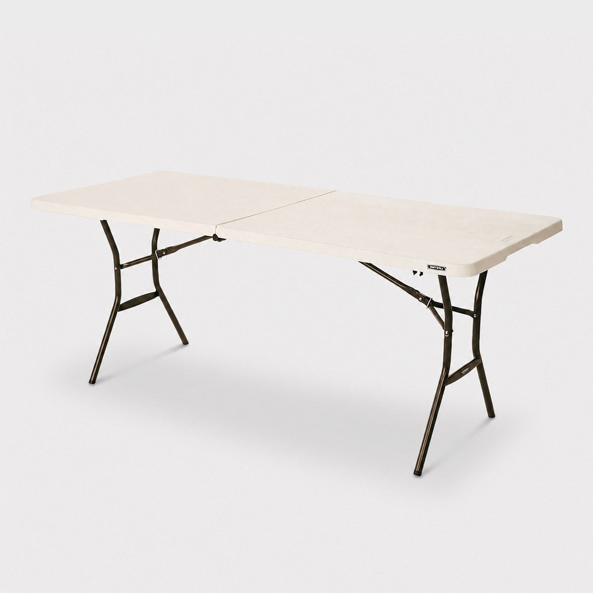 Foldable table hire with beige top and black metal legs on a white background