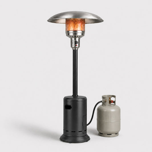 Outdoor mushroom heater hire melbourne with gas tank on grey background