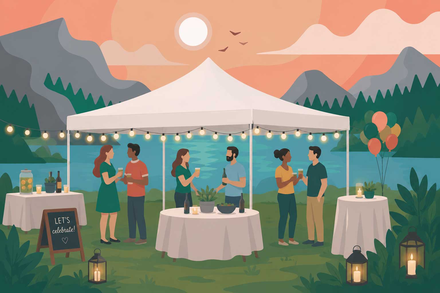 marquee hire Melbourne hero image of people socialising under a marquee in a scenic outdoor setting with mountains and a lake.