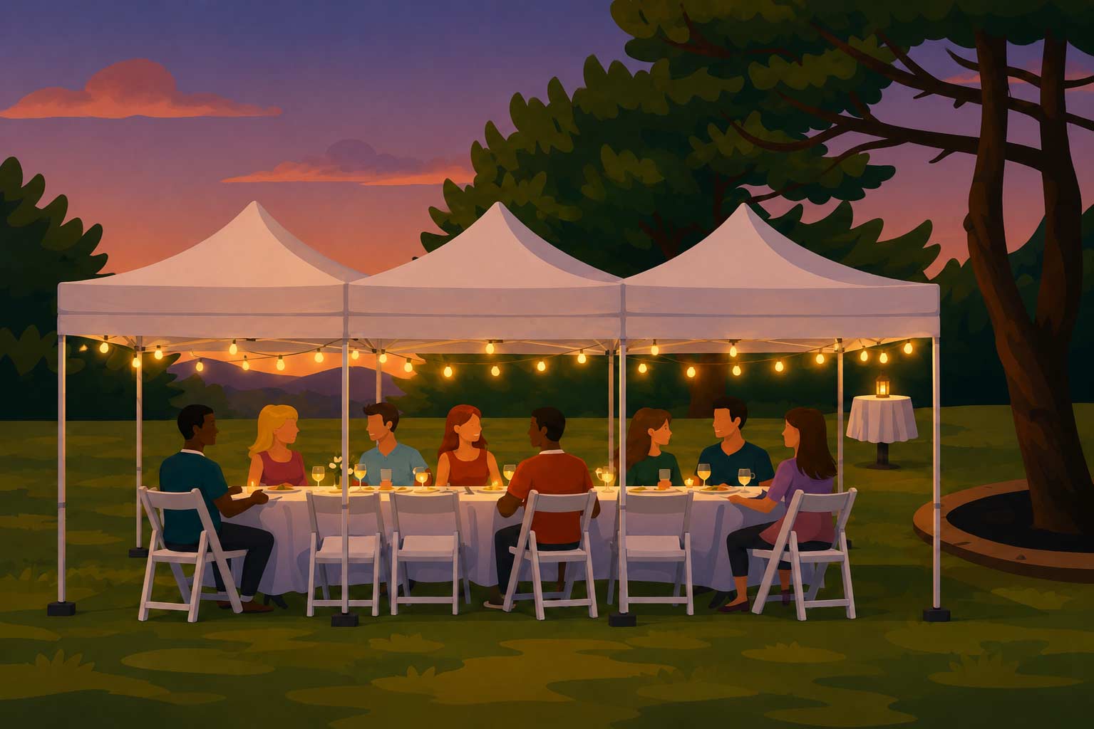 Marquee hire Melbourne, people sitting at a table under white tents with string lights in a park setting.