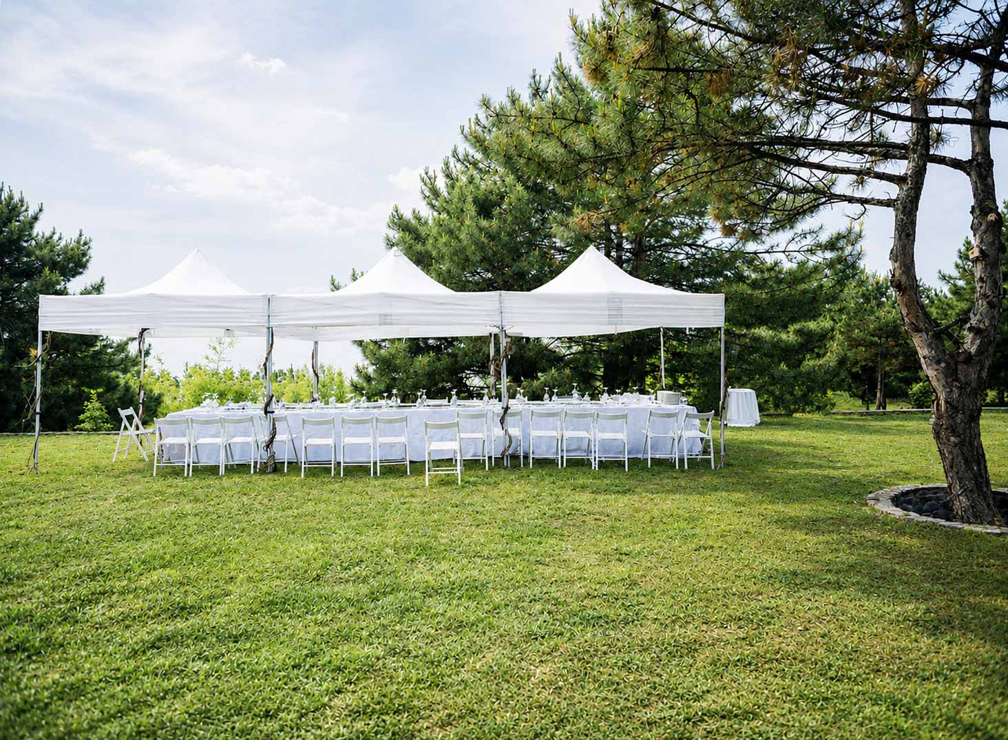 marquee hire Melbourne table setting on lawn with trees