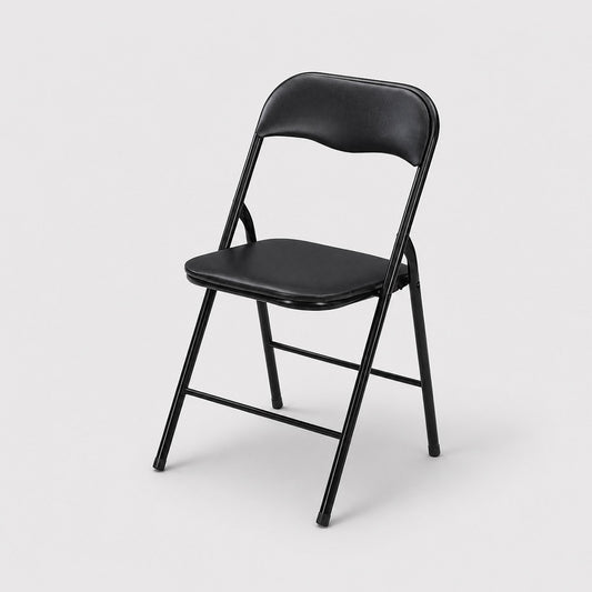 Black folding outdoor chair hire on a soft grey background