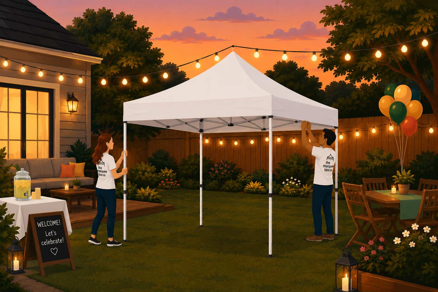 Two people setting up a small marquee hire in a backyard with balloons and outdoor decor.